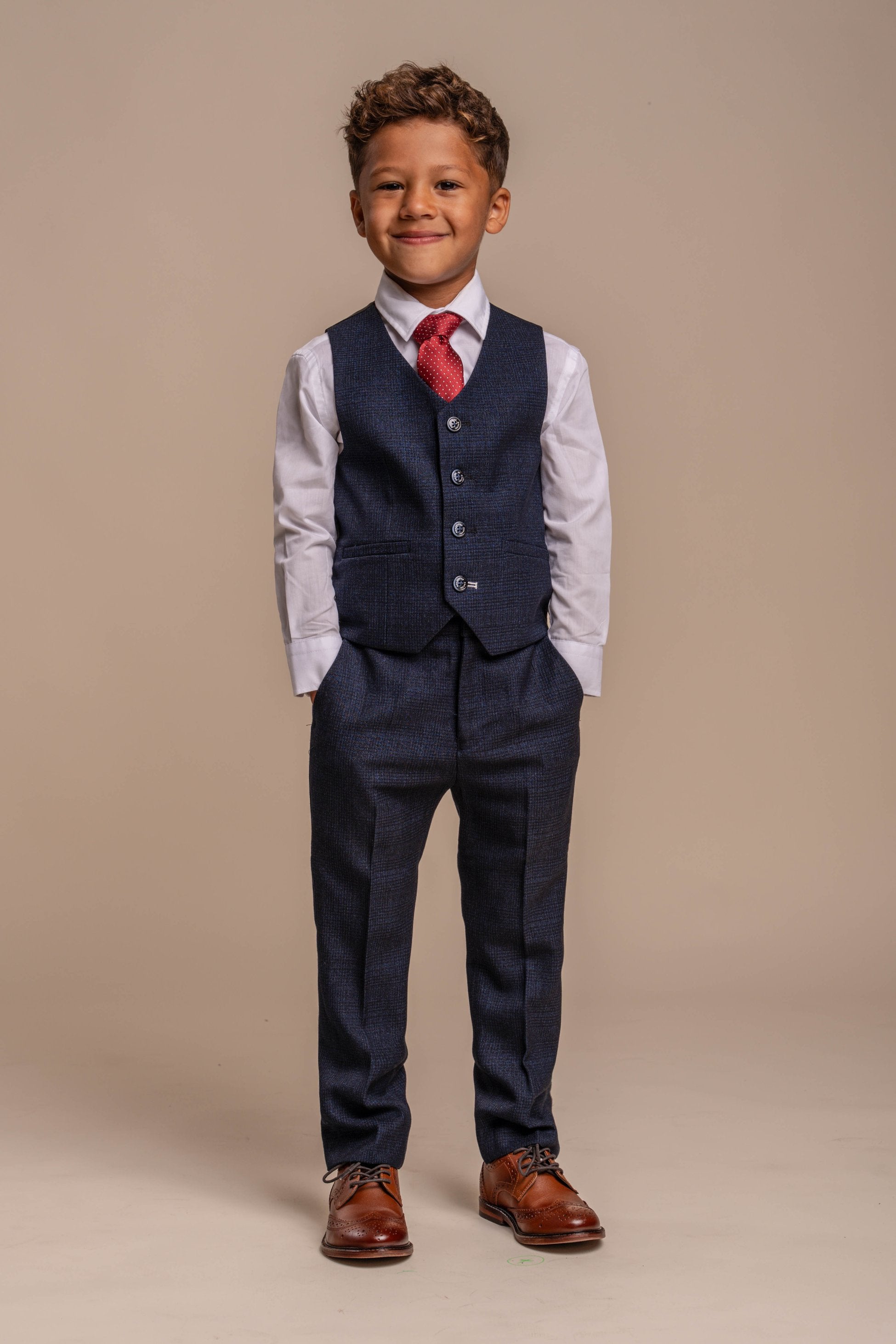 Boys Tweed Houndstooth Check Slim Fit Suit - CARIDI - Navy Blue