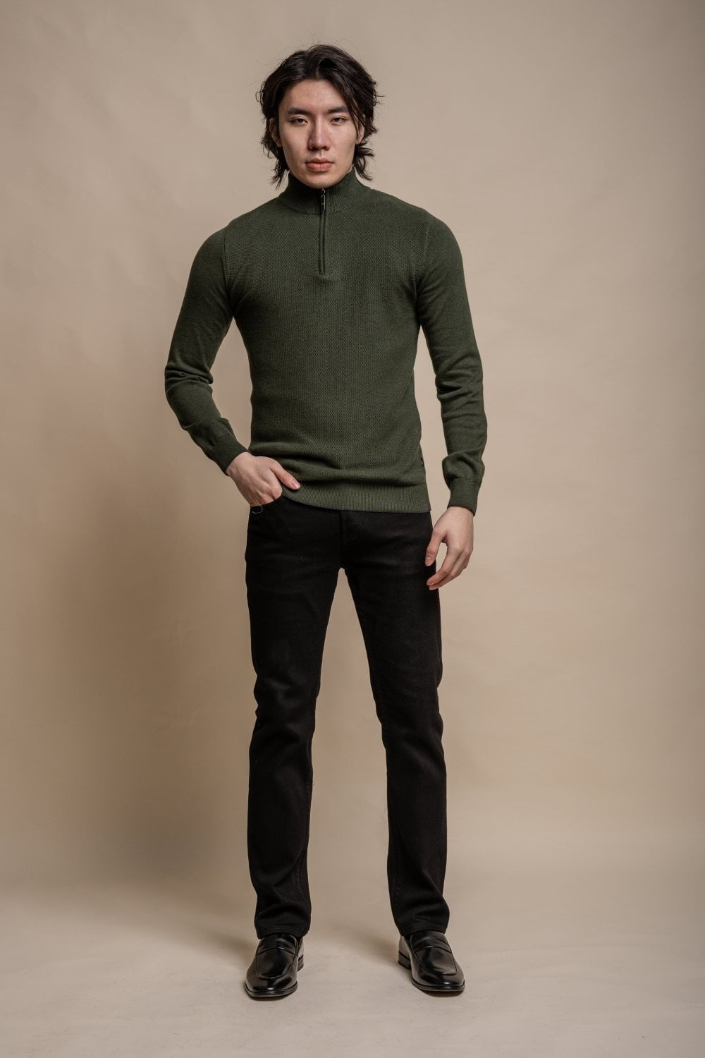 Men's Quarter Zip Knit Cotton Pullover - KYLE - Olive Green