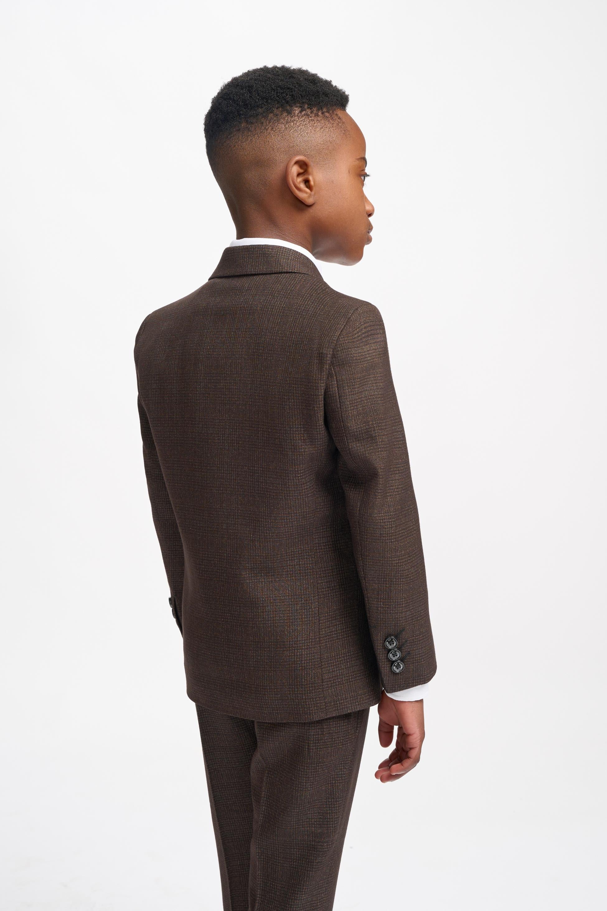 Boys Slim Fit Tweed Check Suit - CARIDI - Brown
