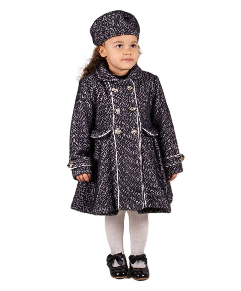 Girls Tweed Effect Double Breasted Midi Coat Set - Navy Blue