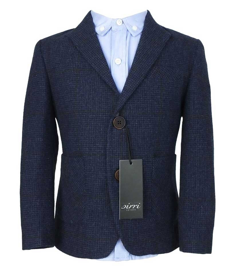 Boys Herringbone Windowpane Wool Suit - Navy Blue