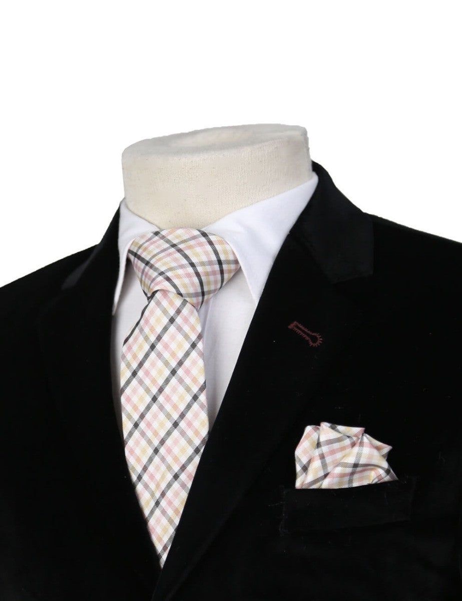 Boys Plaid Checkered Tie & Hankie Set Pink and Black