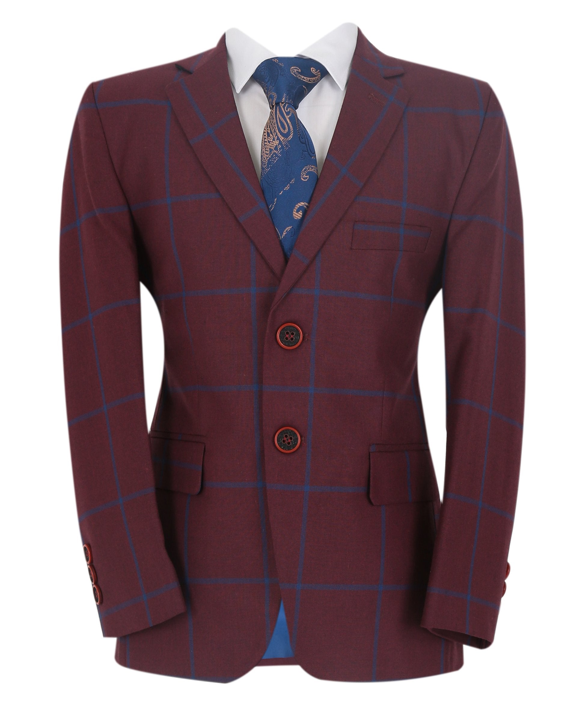 Boys 3 Piece Tailored Fit Windowpane Check Suit - DOMINIC - Burgundy - Blue