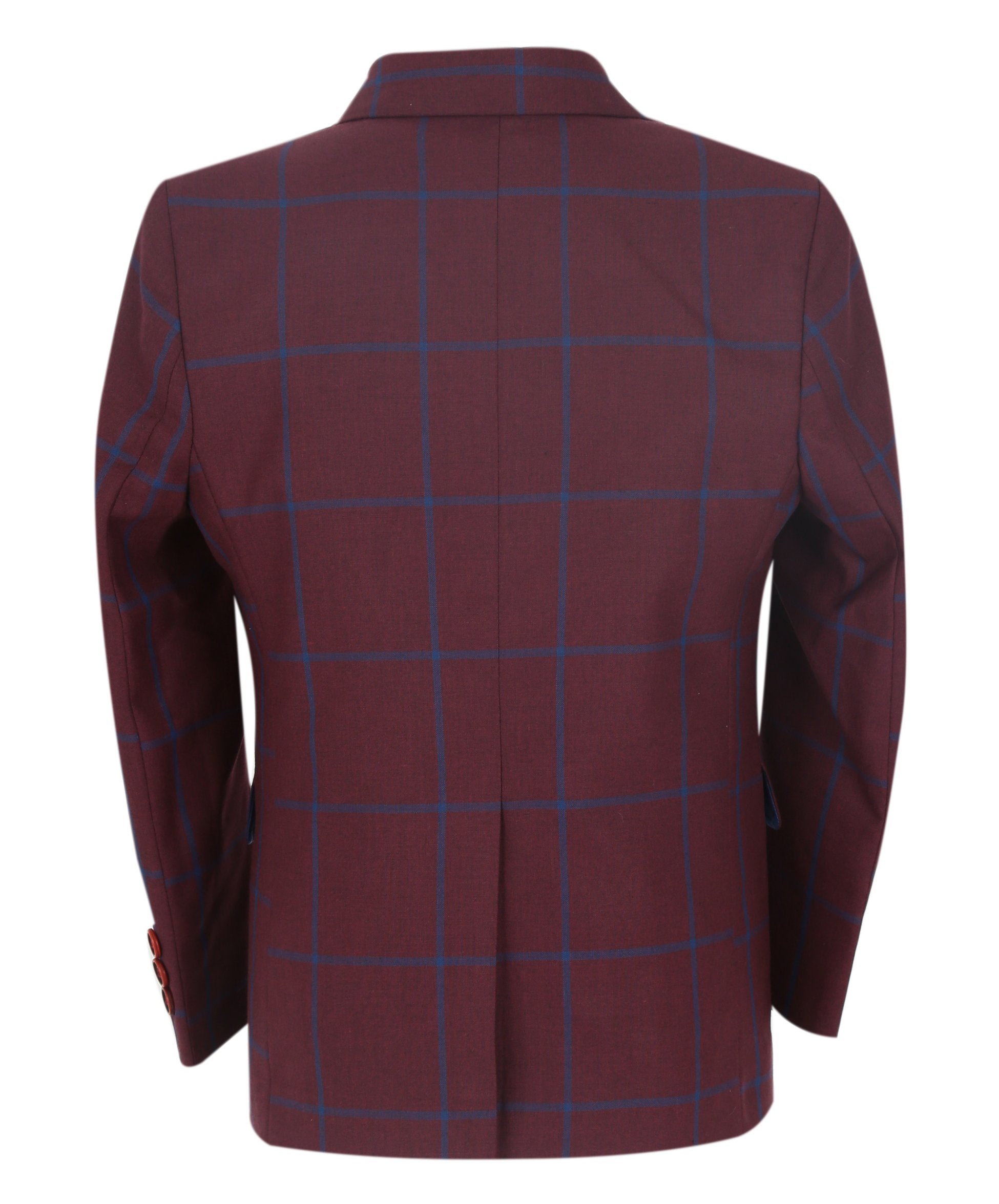 Boys 3 Piece Tailored Fit Windowpane Check Suit - DOMINIC - Burgundy - Blue