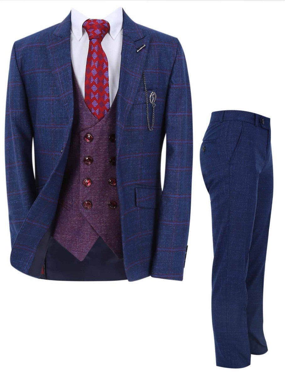 Boys Windowpane Check Slim Fit Suit Set - Navy Blue