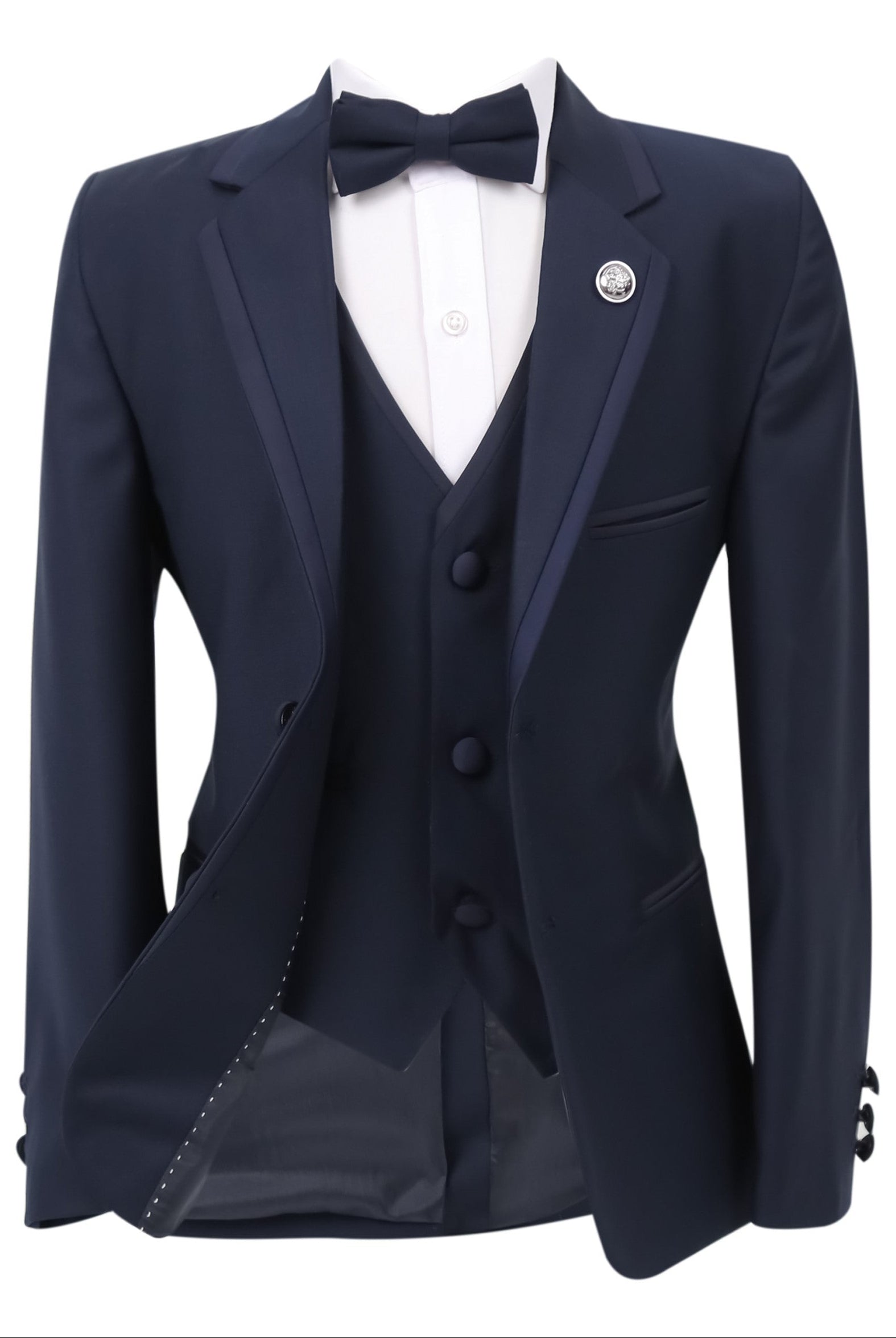 Boys Slim Fit Piping Tuxedo Dinner Suit Set - Navy Blue