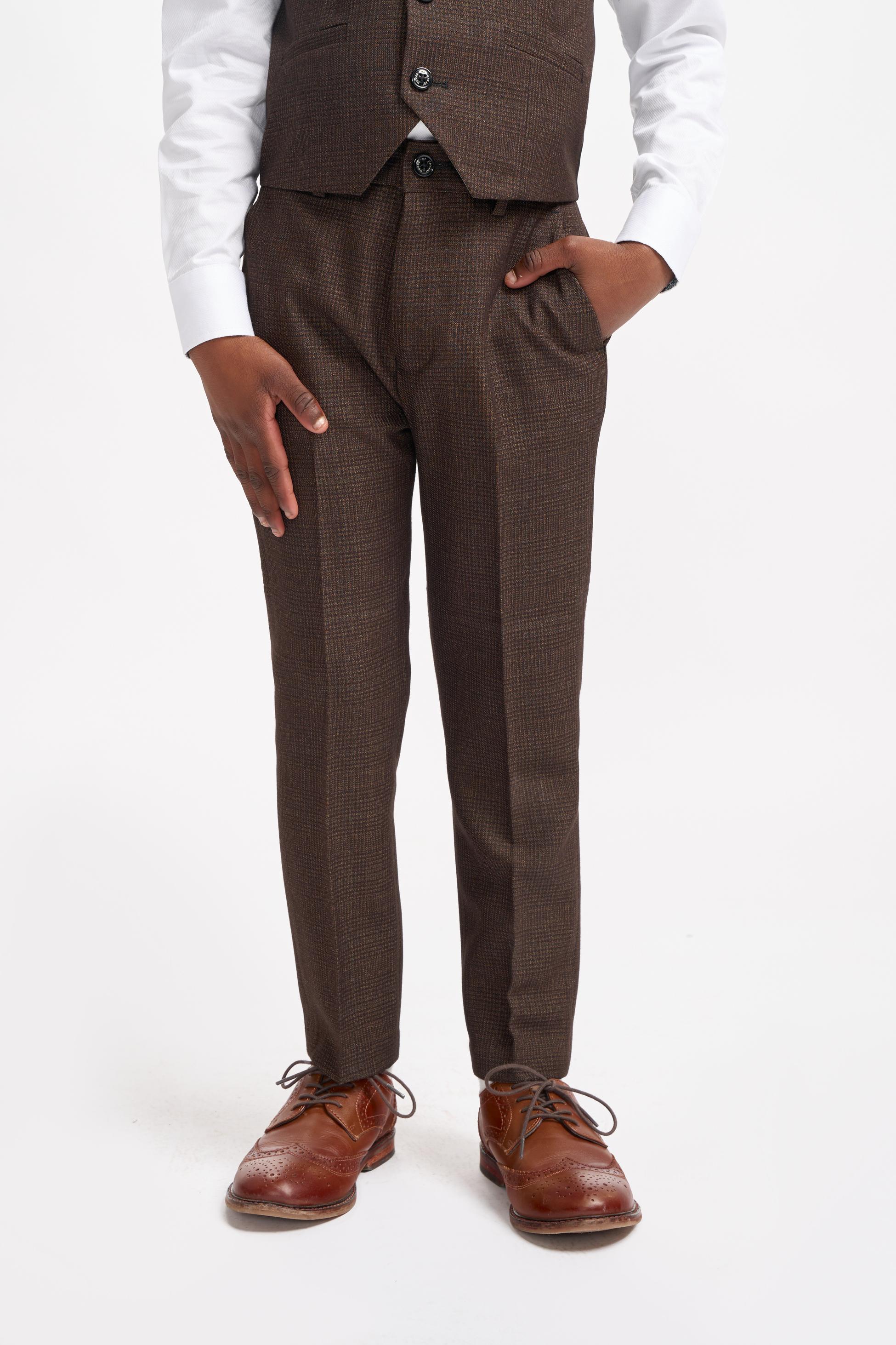 Boys Slim Fit Tweed Check Suit - CARIDI - Brown