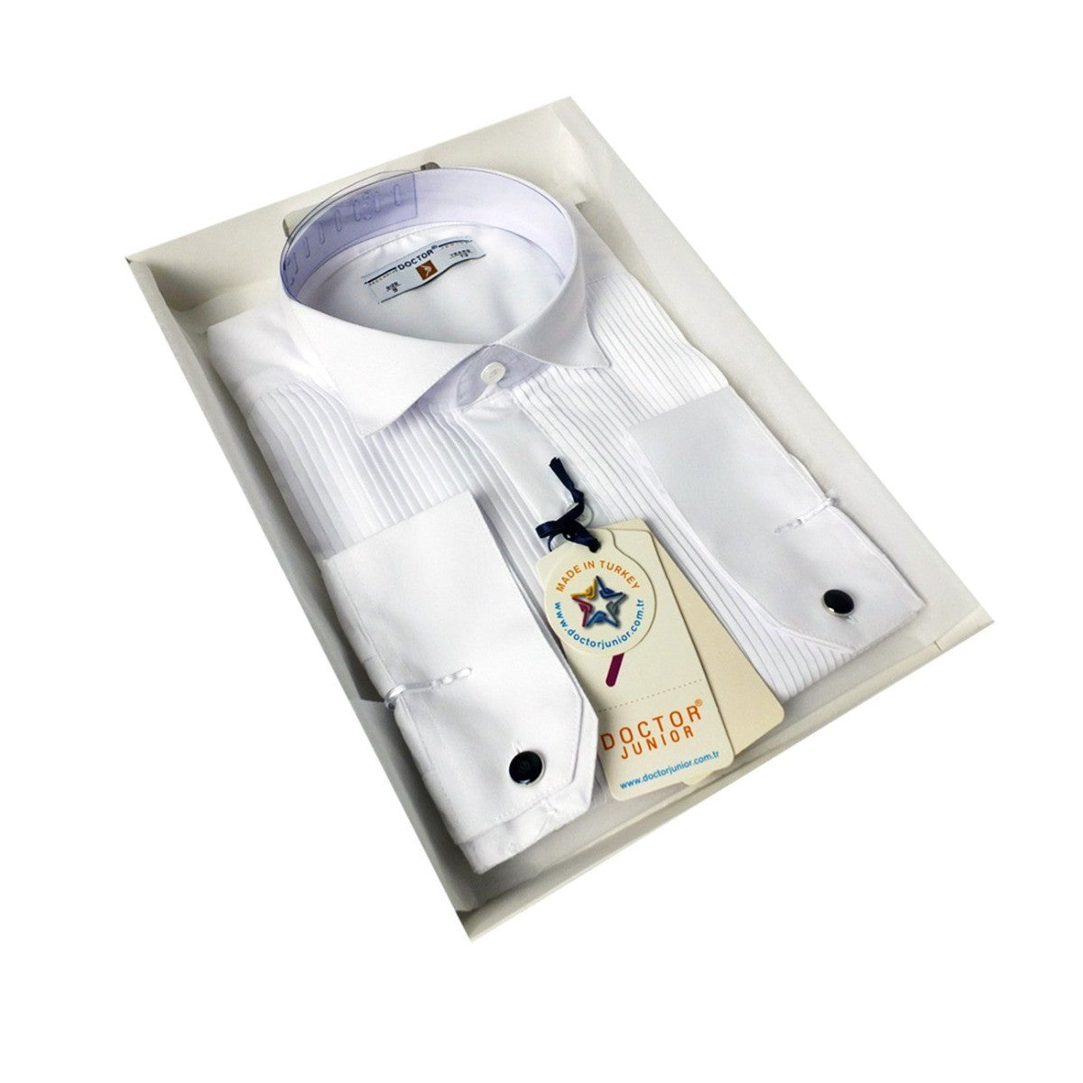 Boys Cotton Wing Collar Pleated Cufflink Shirt - White