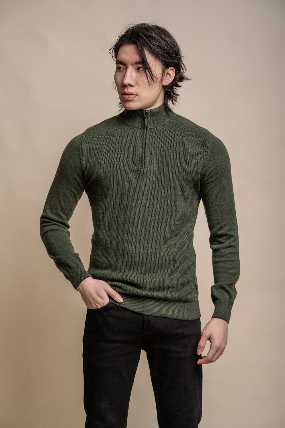 Men's Quarter Zip Knit Cotton Pullover - KYLE - Olive Green