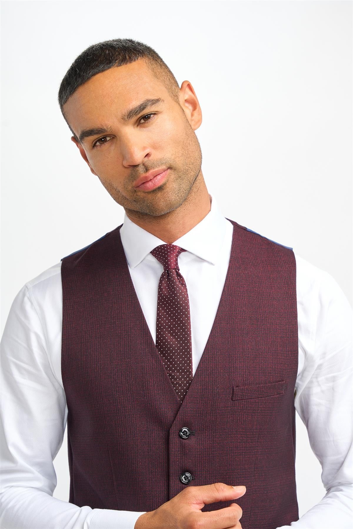 Men's Tweed Houndstooth Check Slim Fit Formal Waistcoat - CARIDI -Wine