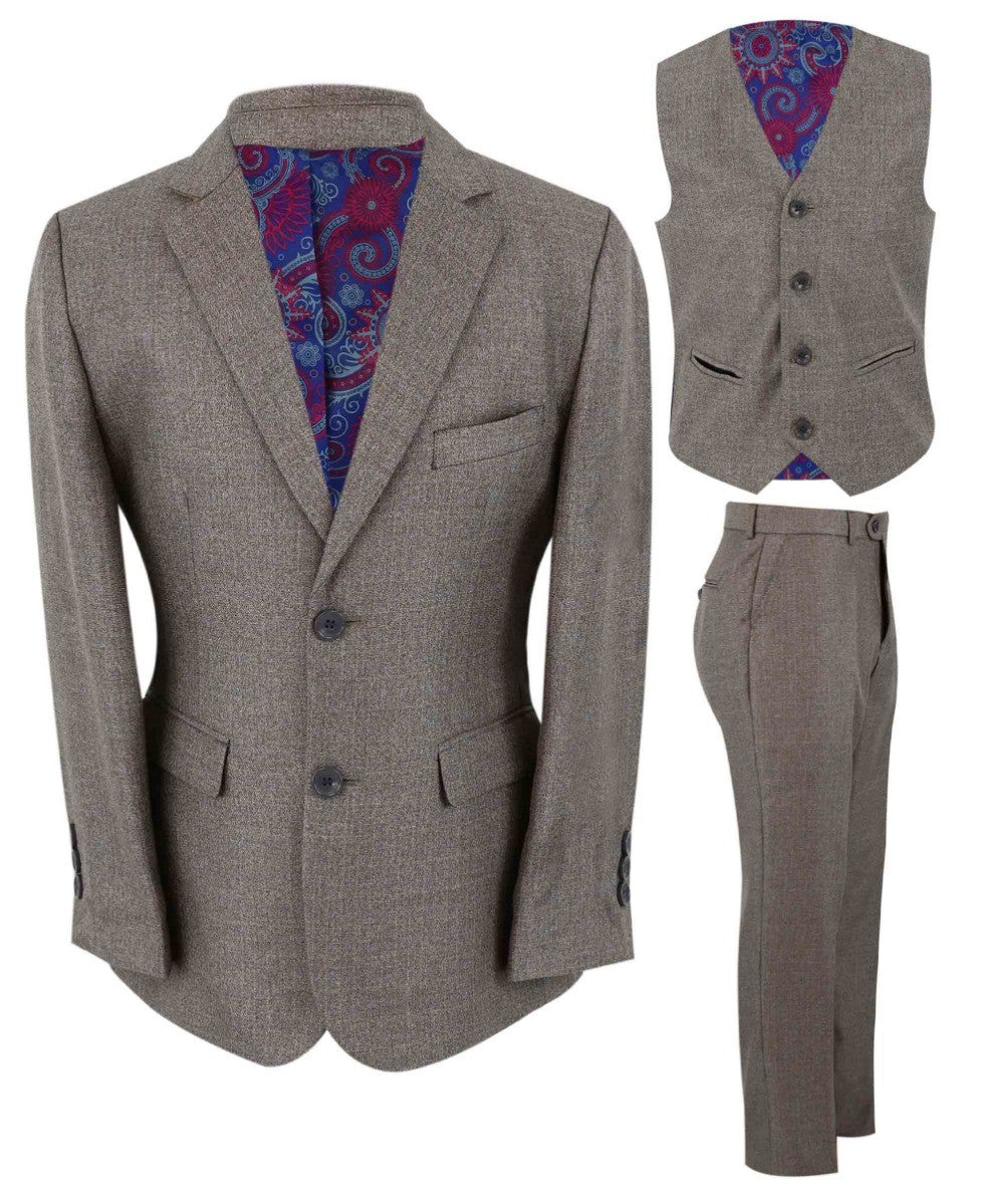 Boys Tailored Fit Textured Suit - ADRIAN - Dark Beige