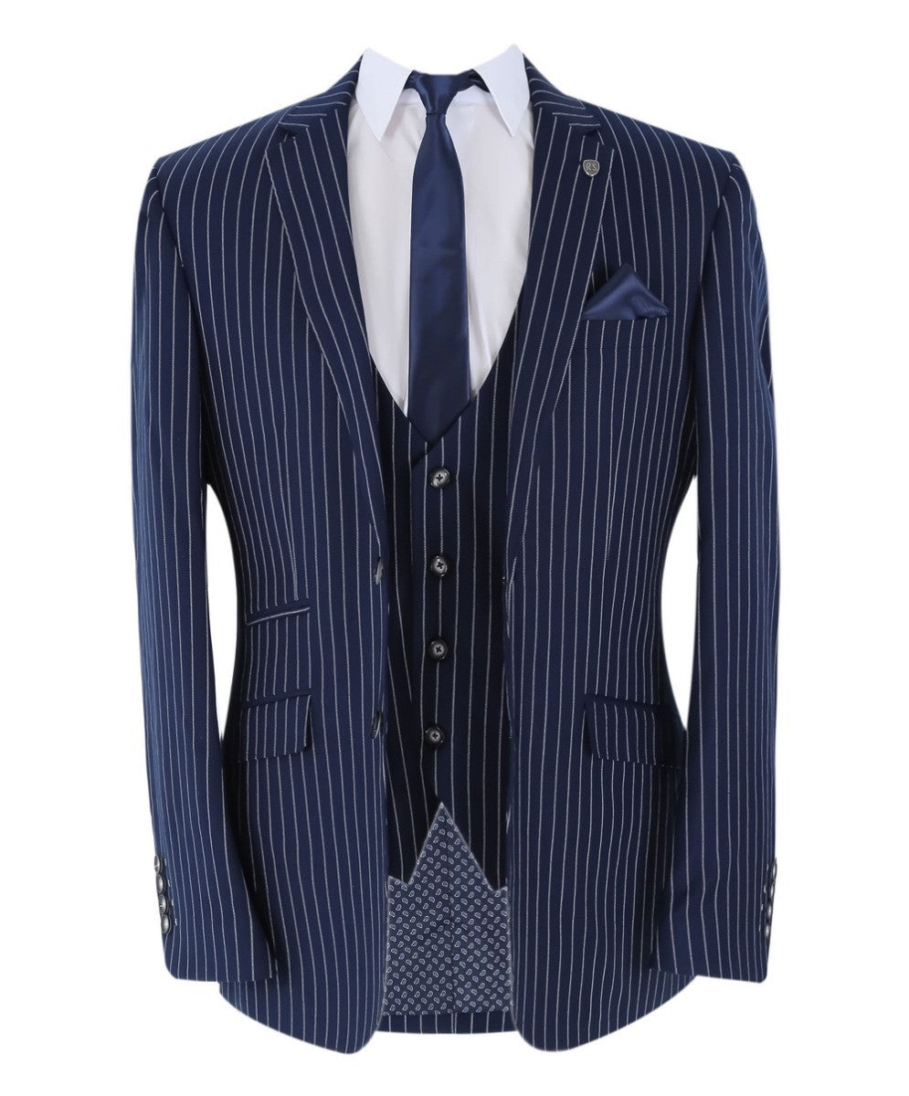 Men's Tailored Fit Pinstripe Suit - MASON - Navy Blue