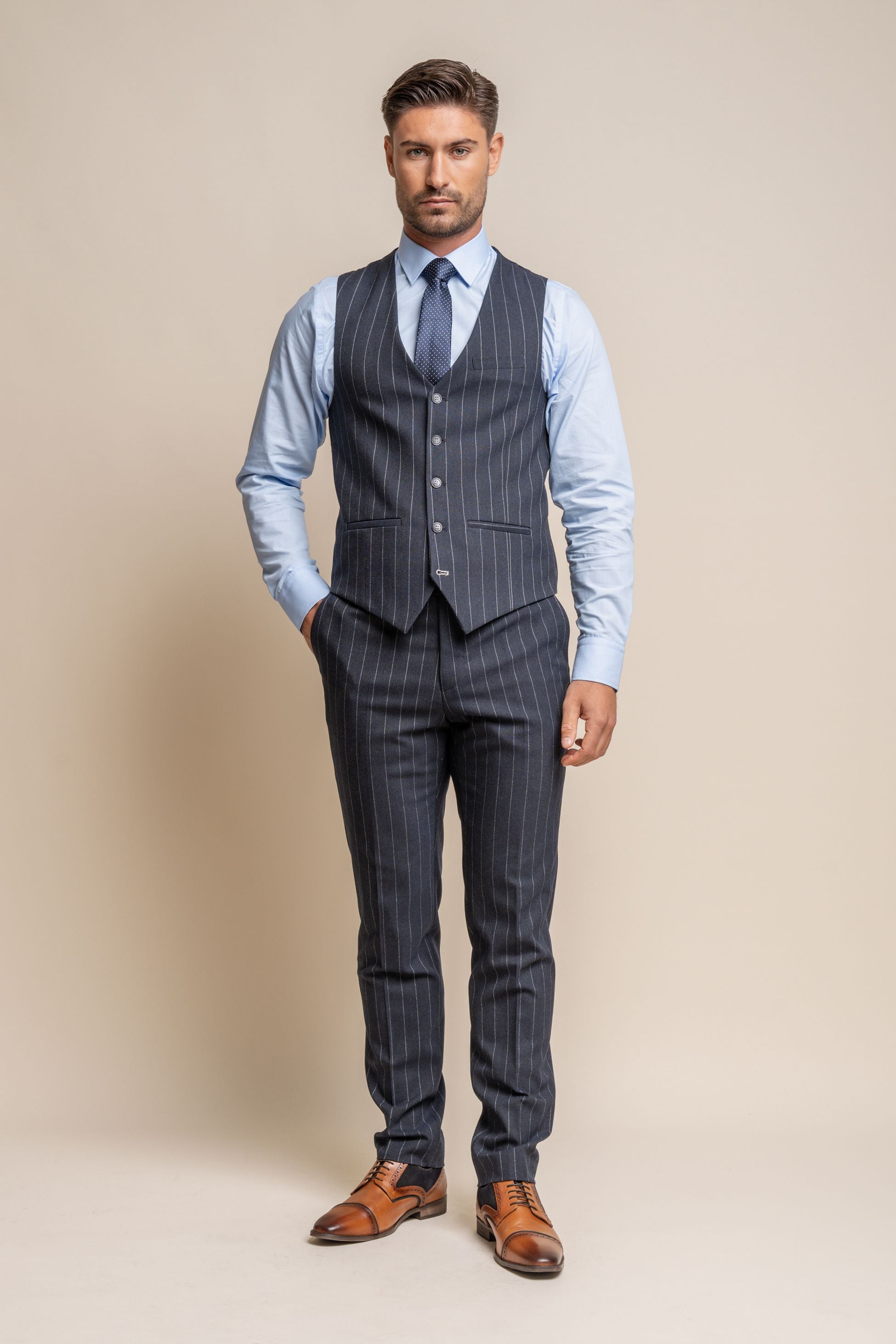 Men's Pinstripe Slim Fit Navy Blue Suit - Invincible - Navy Blue
