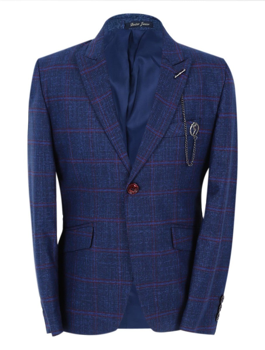 Boys Windowpane Check Slim Fit Suit Set - Navy Blue