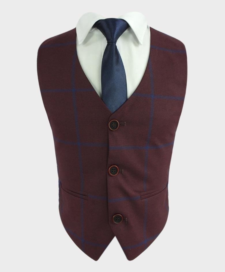 Boys 6 Piece Tailored Fit Windowpane Check Suit - Burgundy