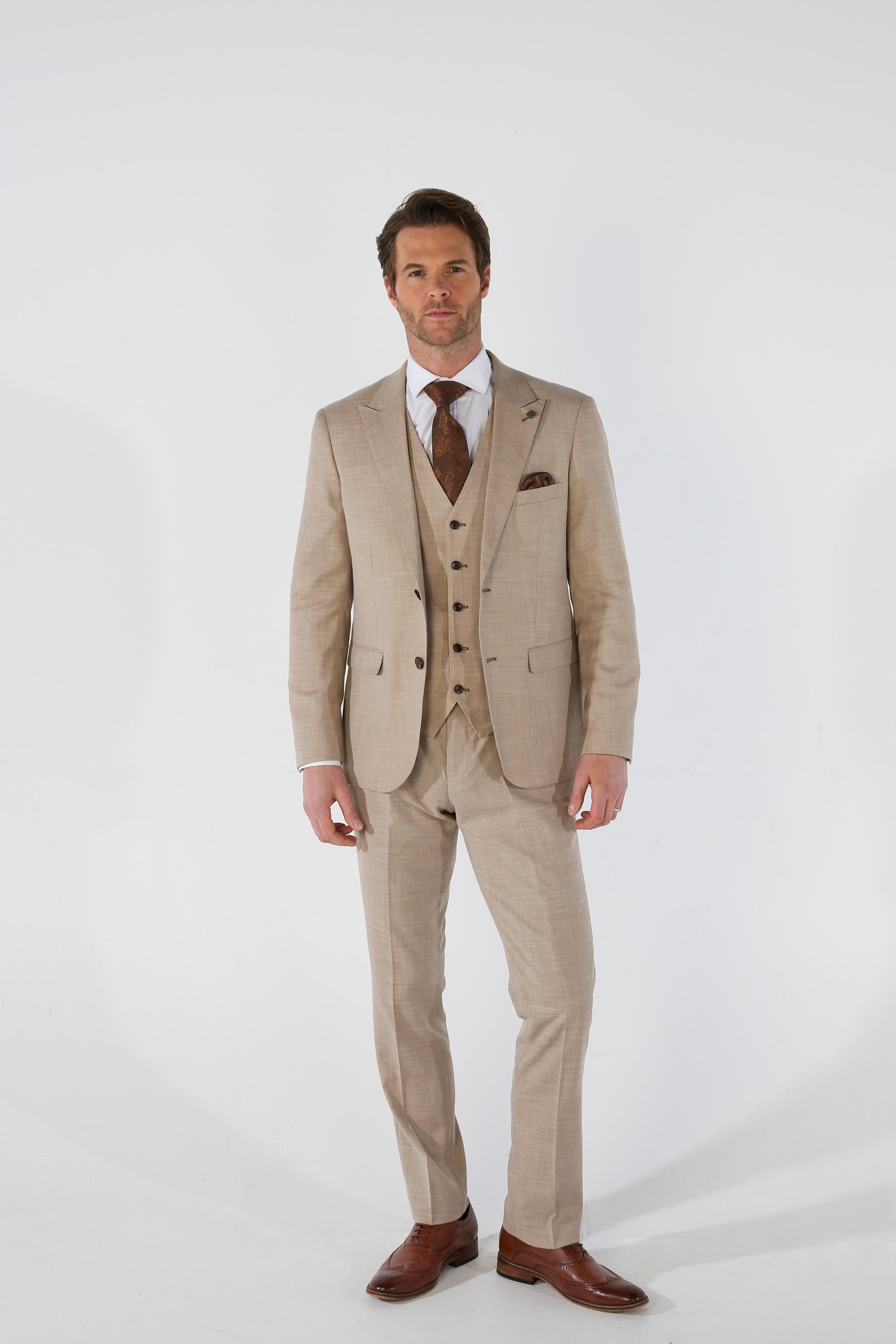 Men's Tailored Fit Plaid Formal Suit - KURT - Beige