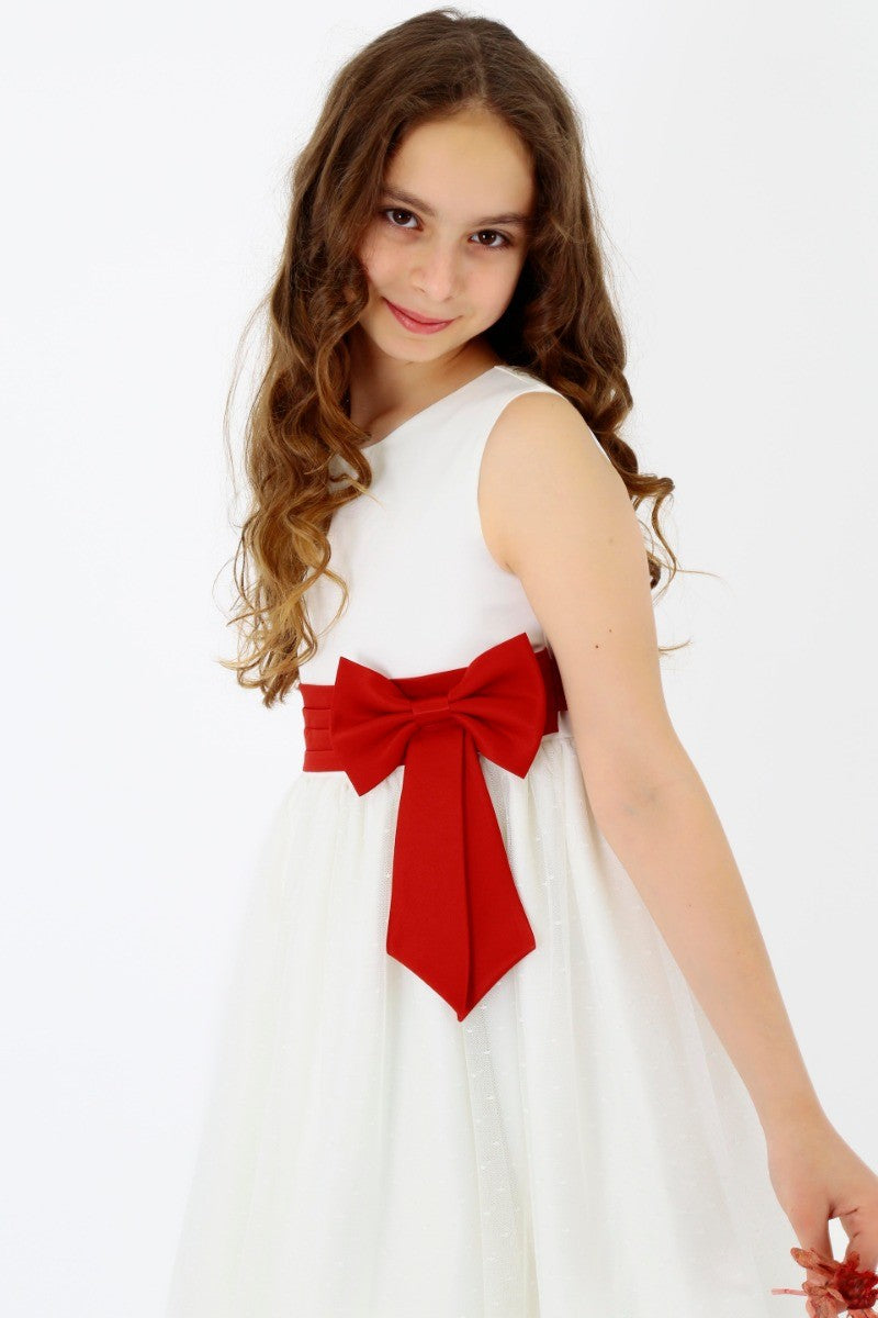 Girls Sleeveless Tulle Communion Dress - White - Red