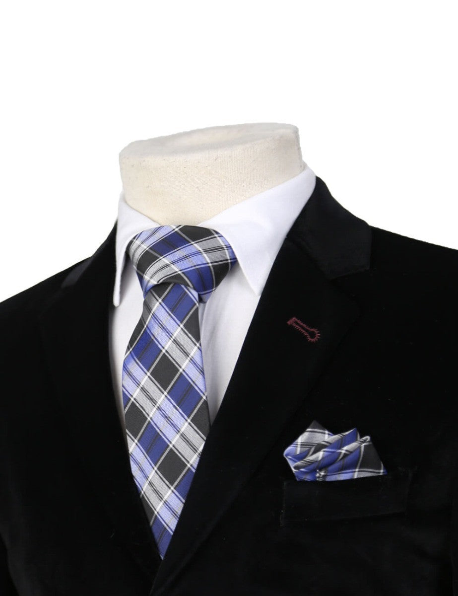 Boys Plaid Checkered Tie & Hankie Set Navy and Black