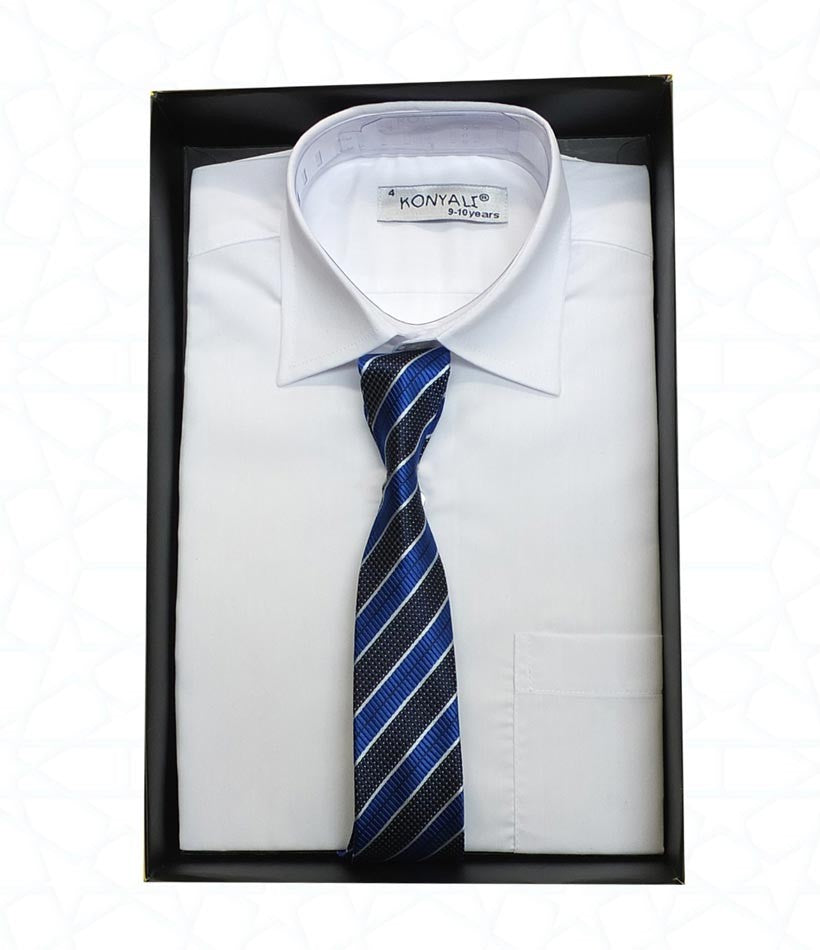 Boys Classic Collar White Shirt & Tie Set - Blue - Navy