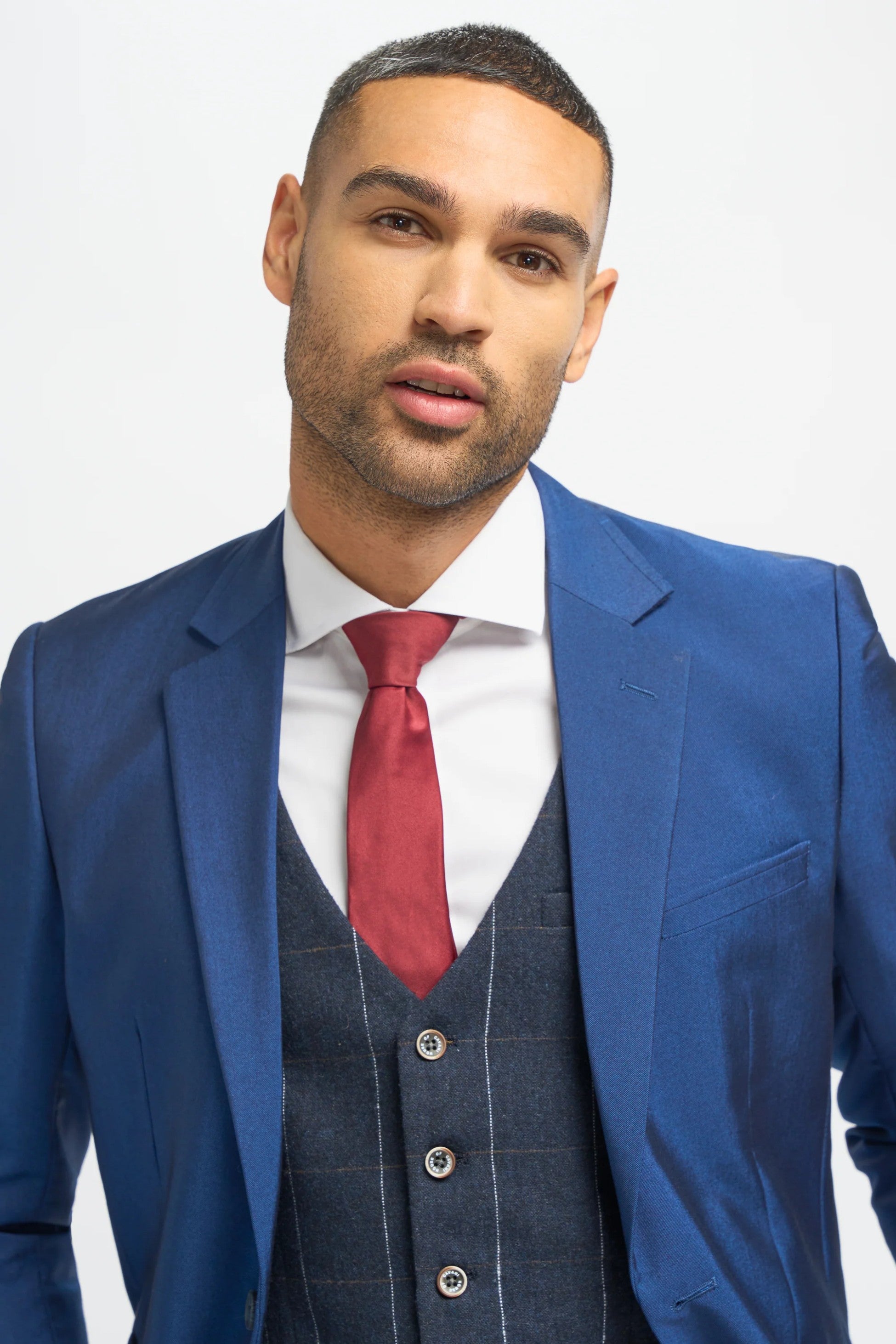 Men's Royal Blue Slim Fit 3-Piece Suit with Navy Blue Windowpane Check Tweed Waistcoat - Blue