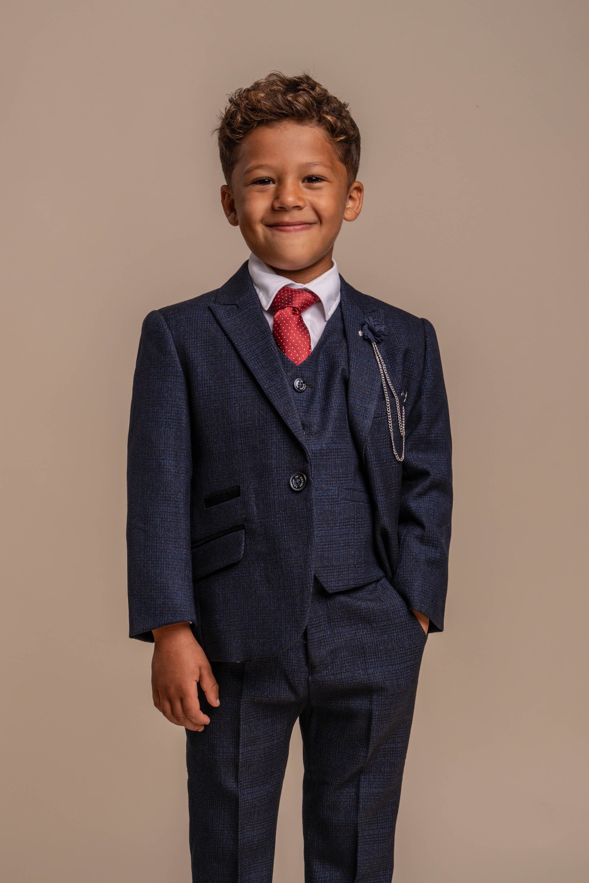 Boys Tweed Houndstooth Check Slim Fit Suit - CARIDI - Navy Blue