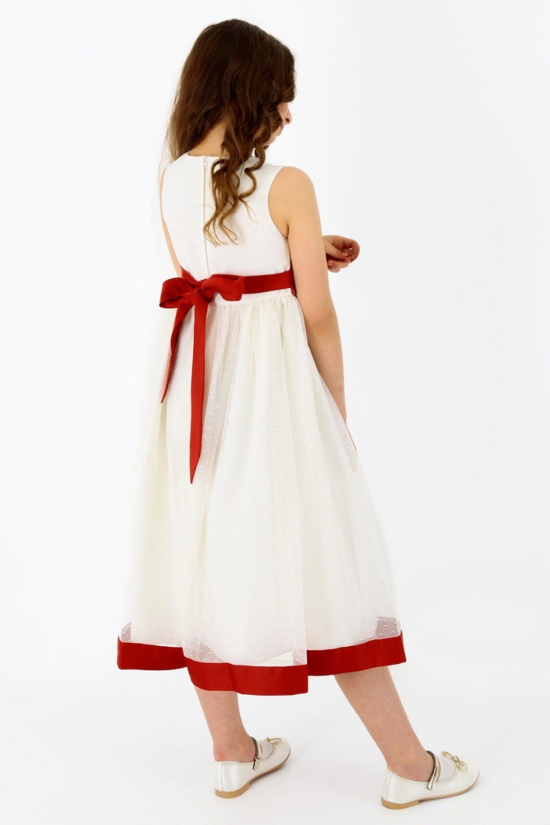 Girls Sleeveless Tulle Communion Dress - White - Red