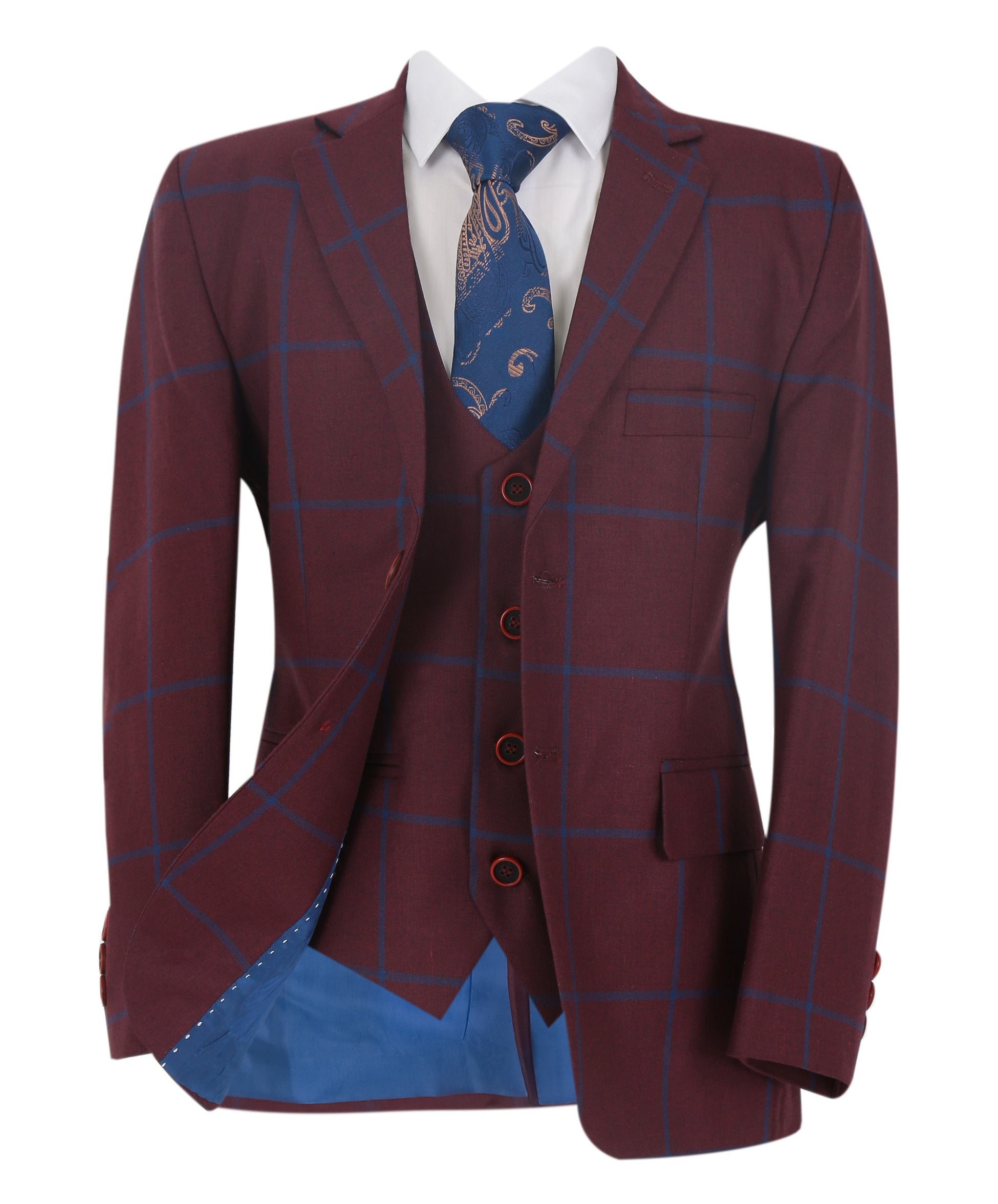 Boys 3 Piece Tailored Fit Windowpane Check Suit - DOMINIC - Burgundy - Blue