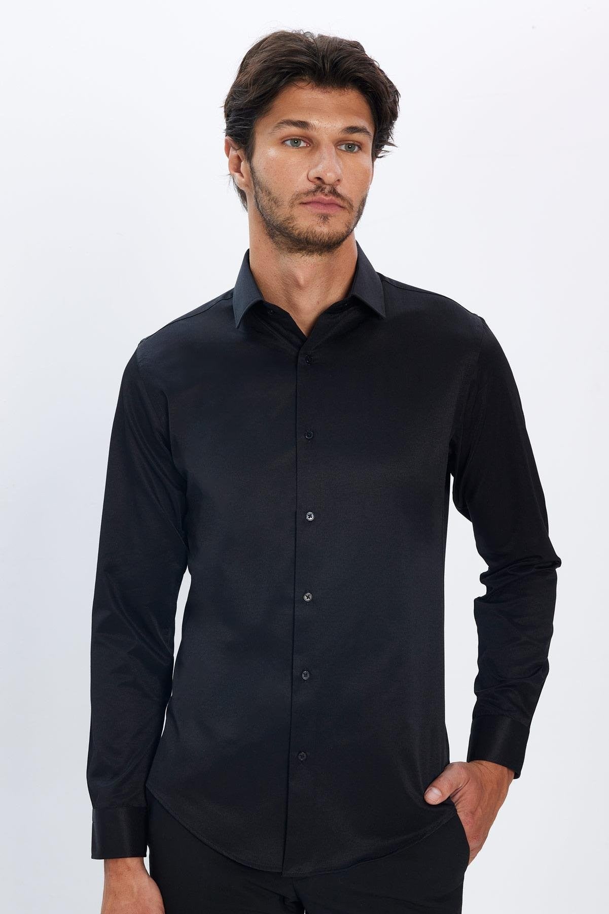 Men's Slim Fit Button-Down Cotton Blend Dress Shirt - Dimi Dotti - Black