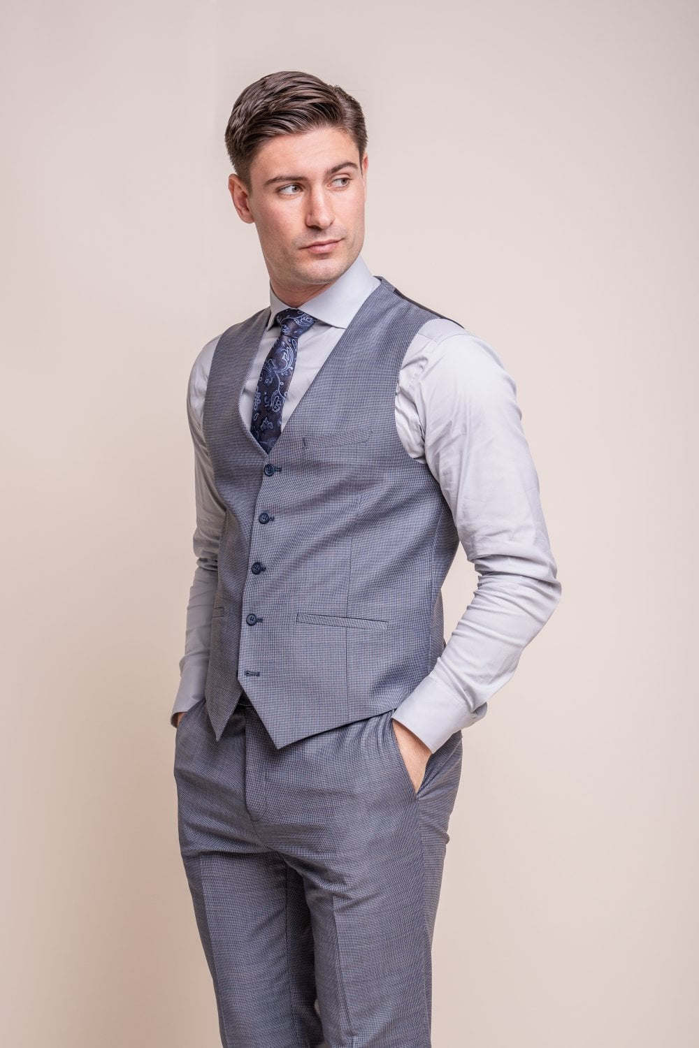 Men's Wool Blend Slim Fit Waistcoat - BOND - Puppytooth Grey