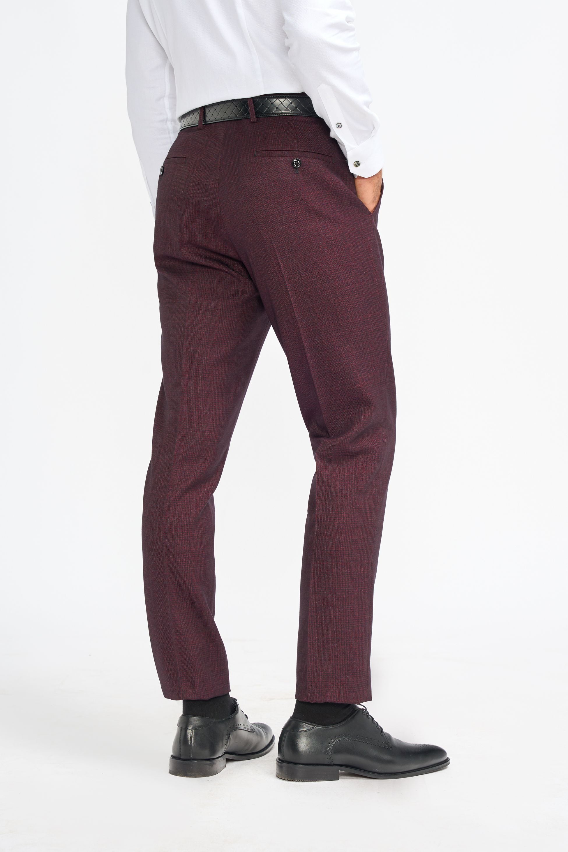 Men's Tweed Glen Check Slim Fit Trousers - CARIDI - Wine