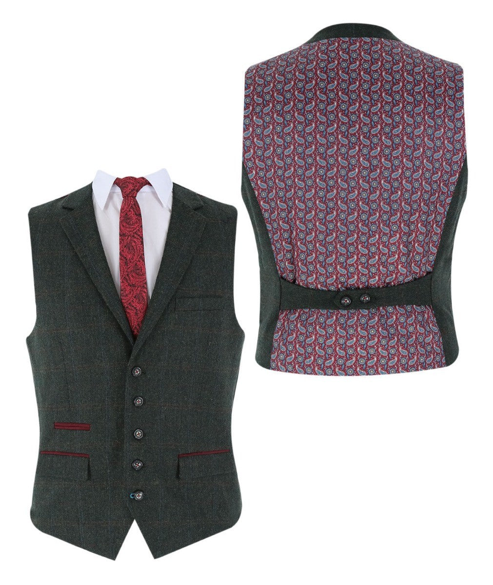 Men's Tweed Check Tailored Fit Waistcoat - JOSHUA Green