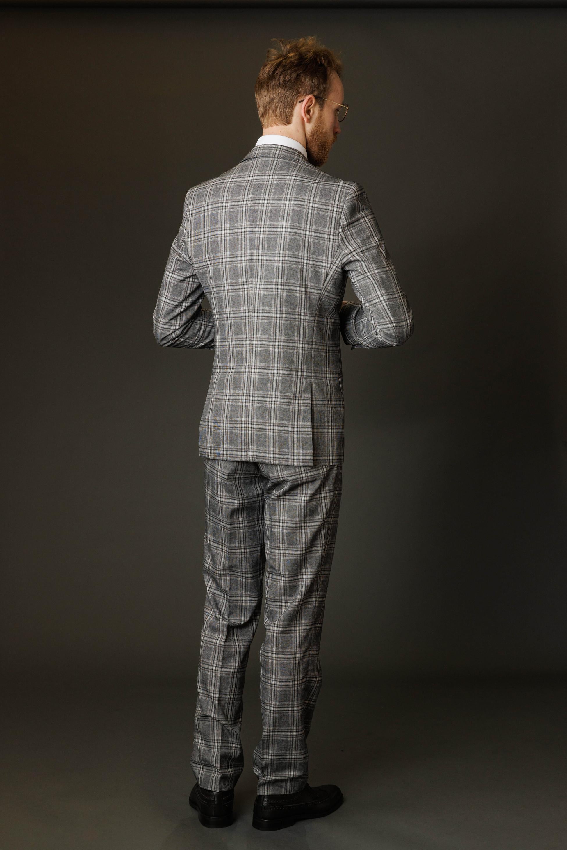 Men's Windowpane Check Slim Fit Suit - BLAKE - Grey