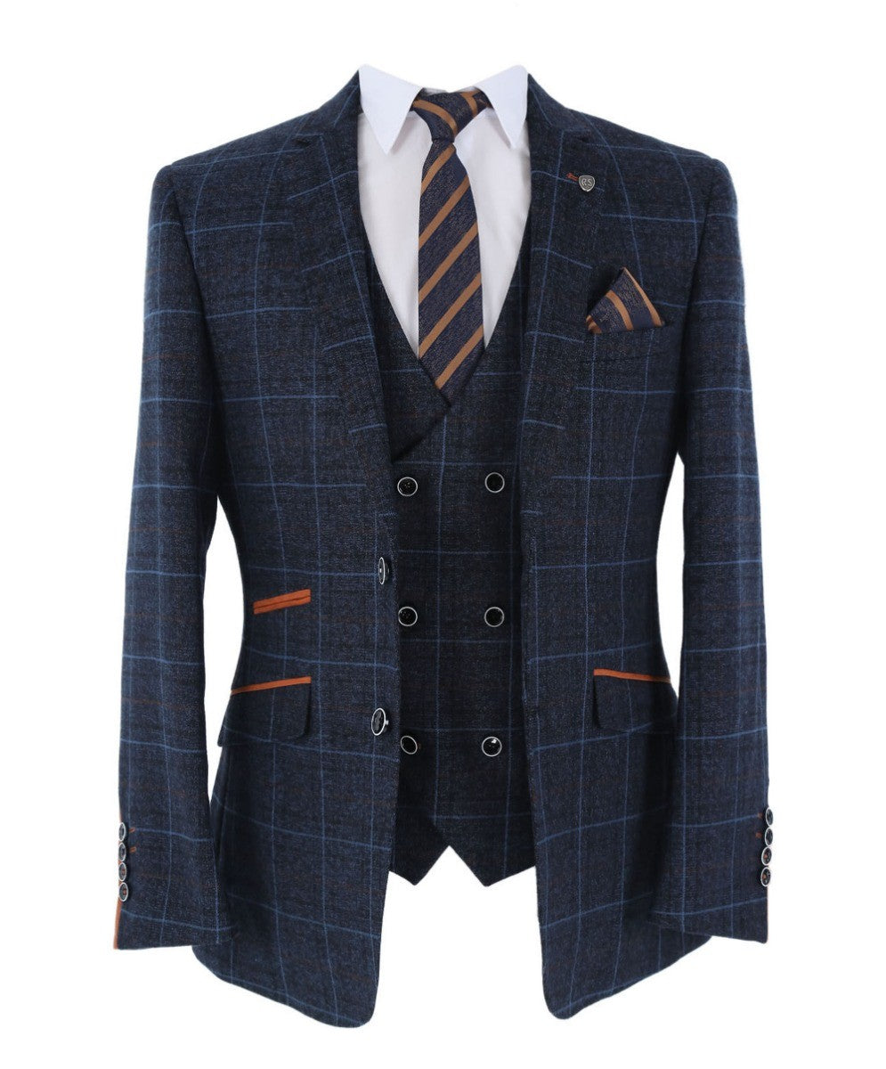 Men's Tailored Fit Retro Check Suit Jacket - ANTHONY NAVY