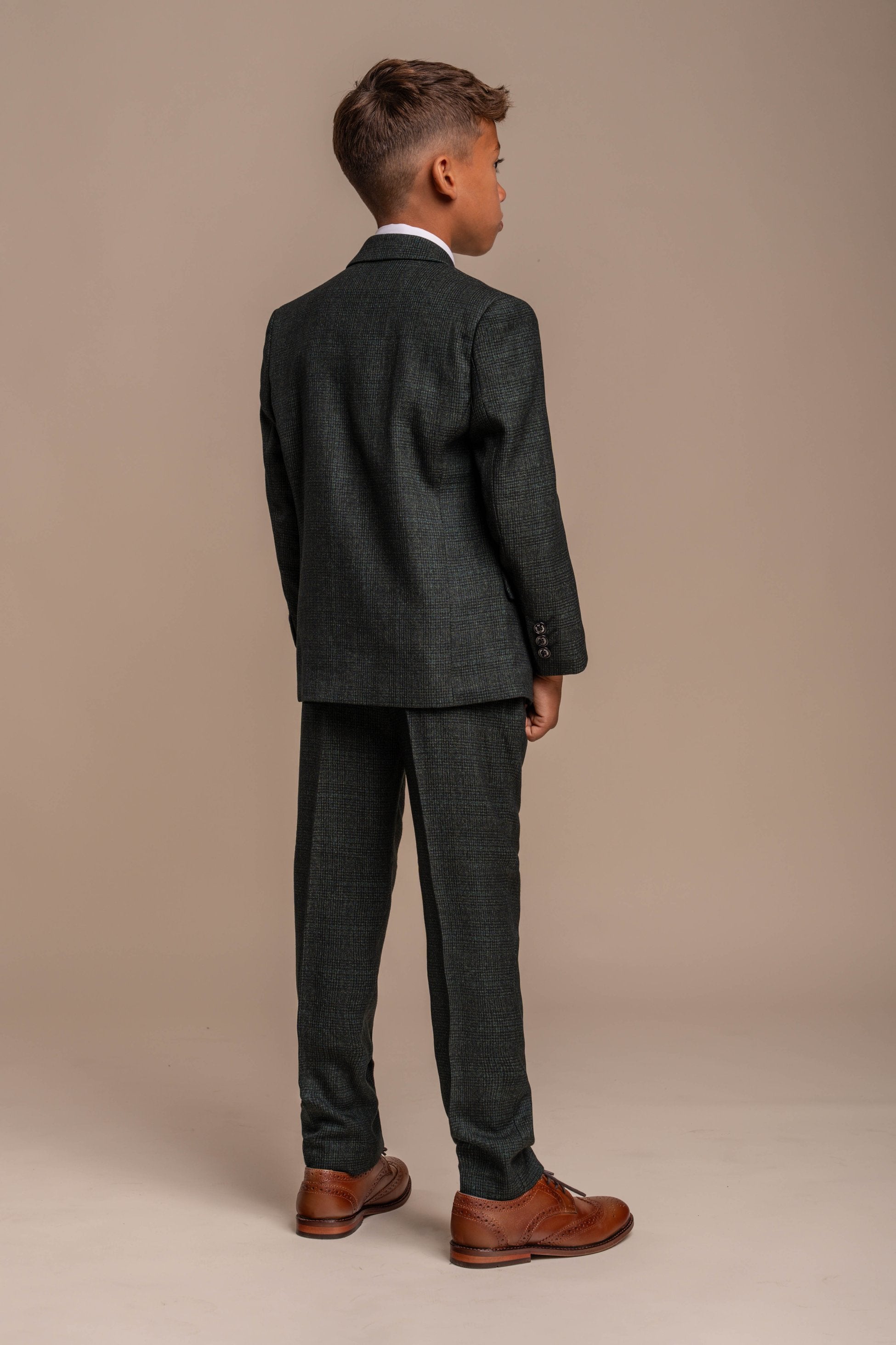Boys Tweed Houndstooth Check Slim Fit Suit - CARIDI - Olive Green