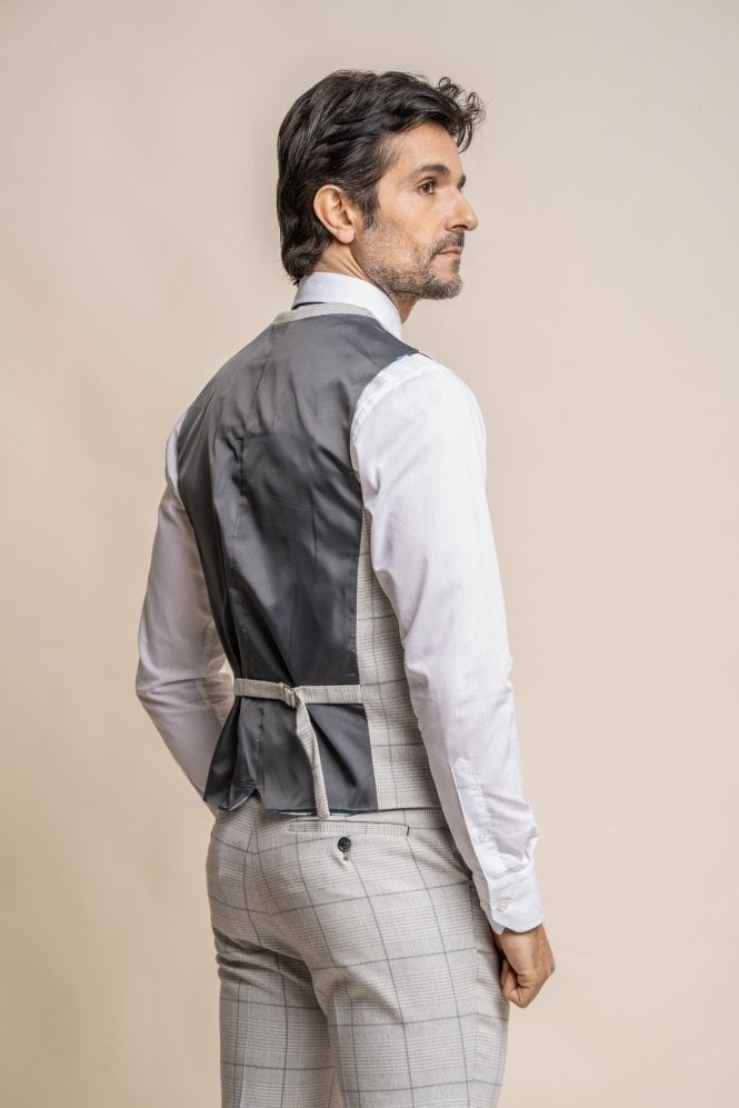 Men's Double Breasted Retro Check Grey Waistcoat - RADIKA - Light Grey