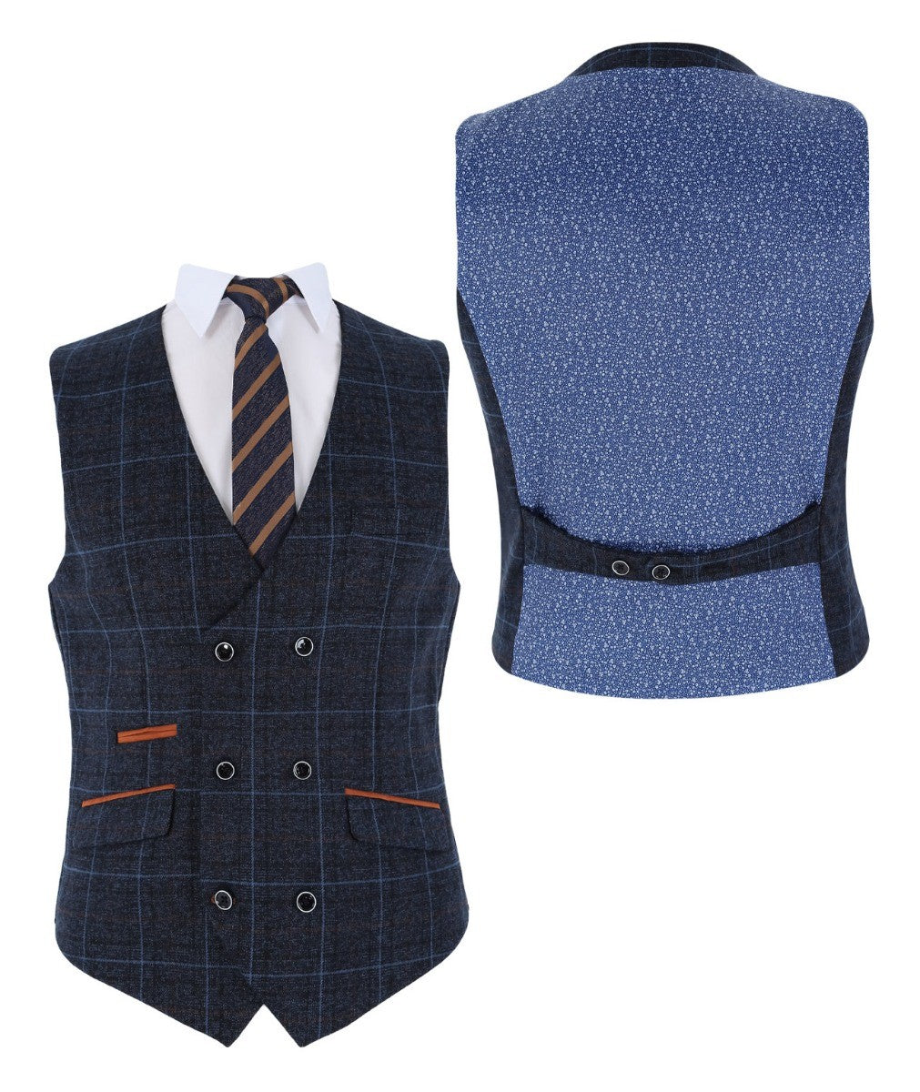 Men's Tailored Fit Retro Check Waistcoat - ANTHONY NAVY