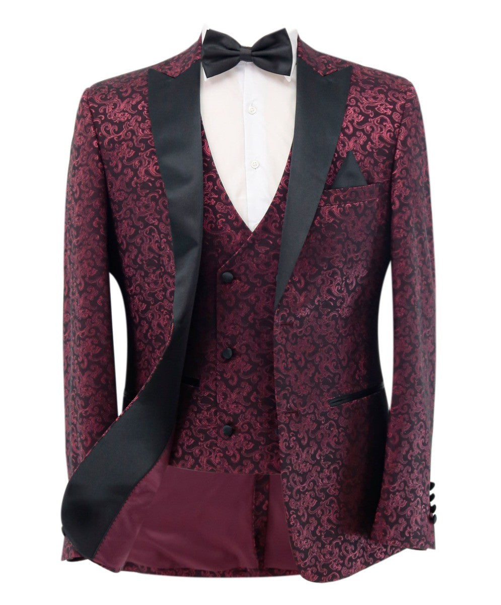 Men's Patterned Shimmer Tuxedo Suit - AARON - Burgundy