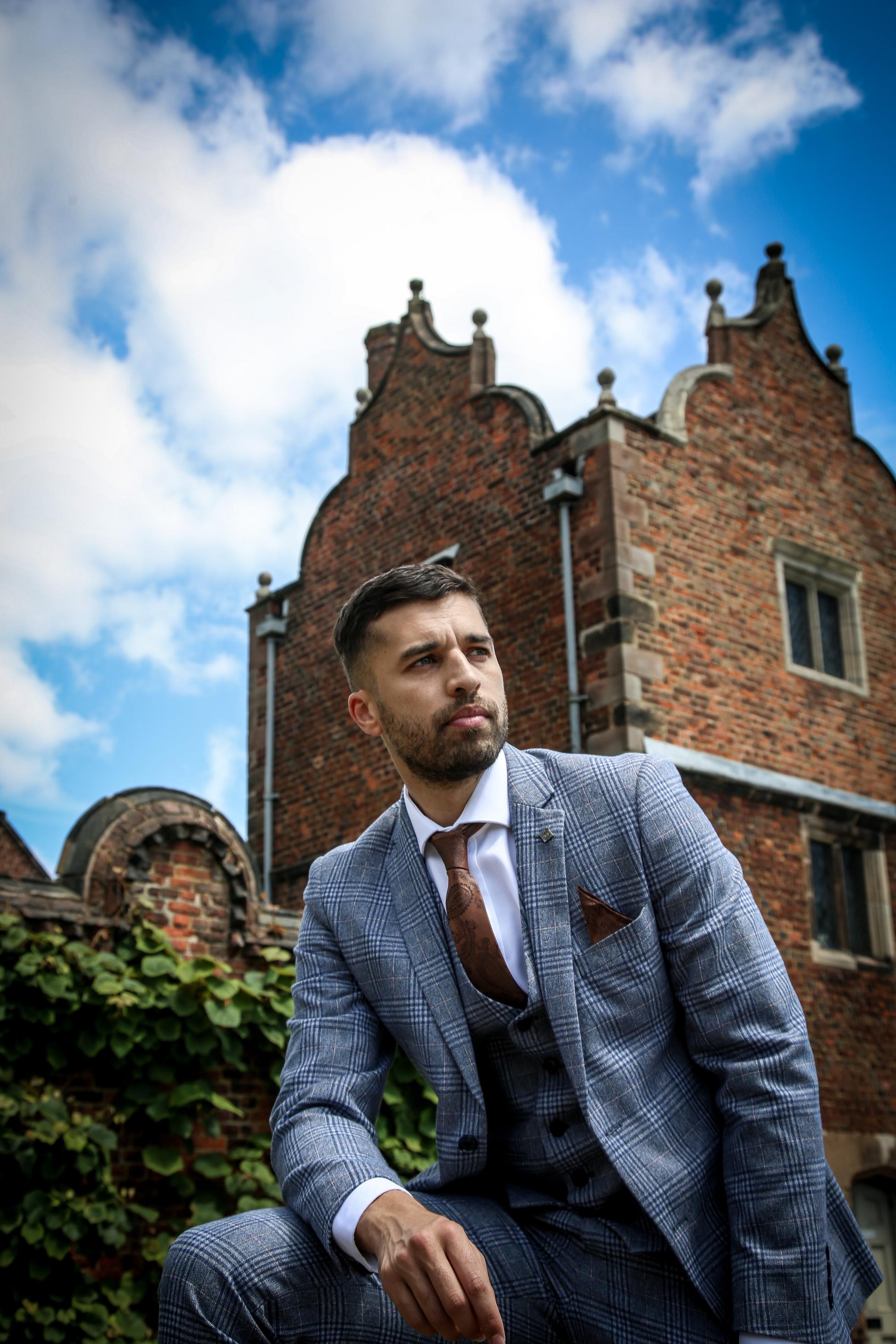 Men's Retro Check Tailored Fit Blue Suit - VICTOR - Blue