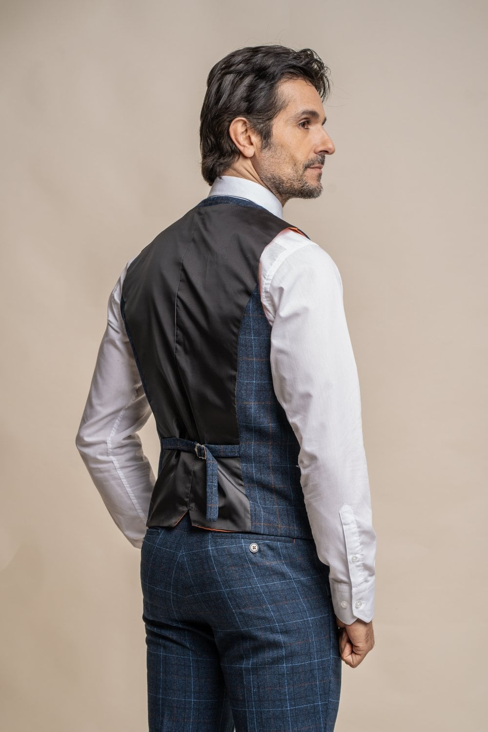 Men's Windowpane Check Tweed Blue Waistcoat - CODY - Navy Blue