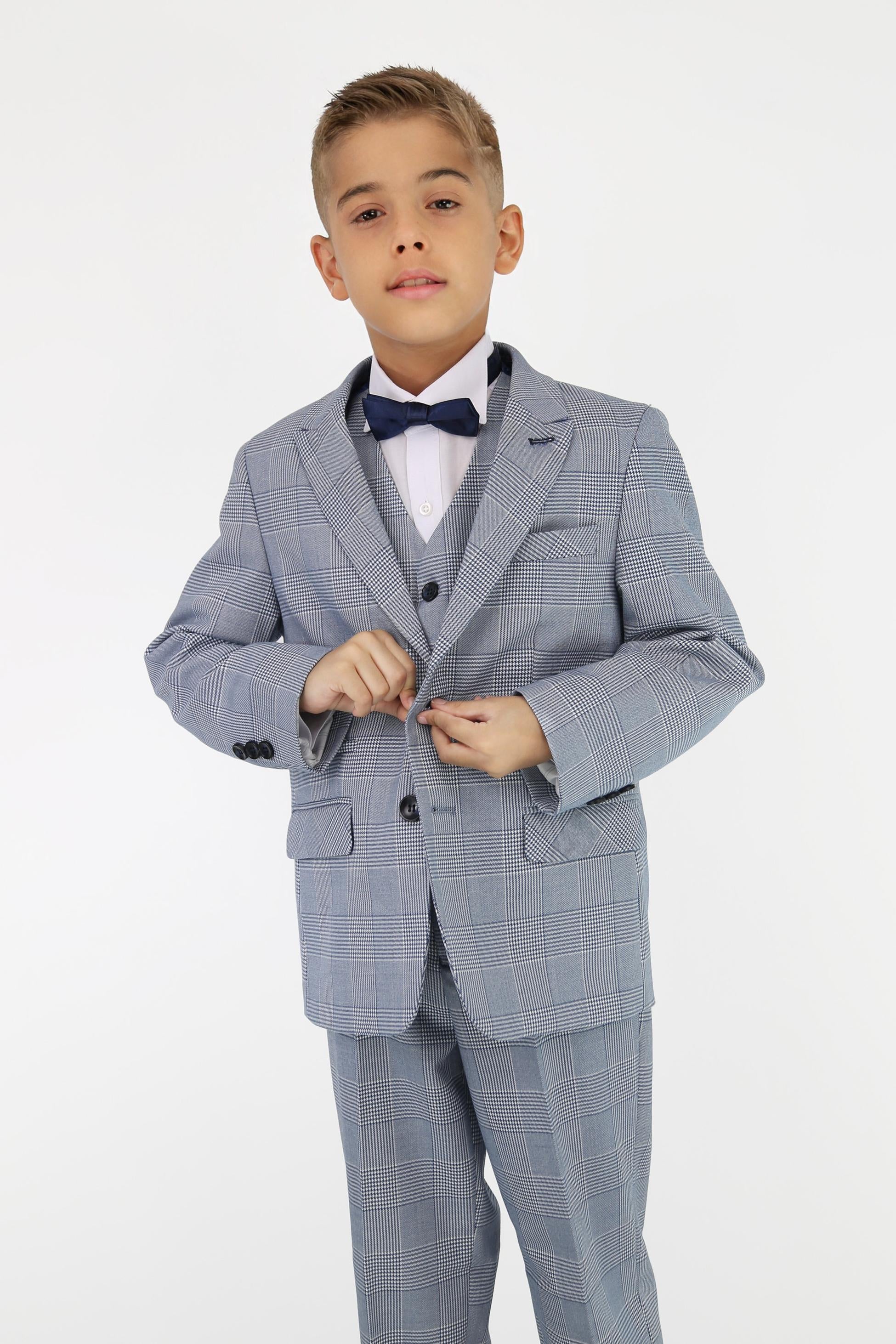 Boys Tailored Fit Tweed Check Suit - MARK - Sky Blue