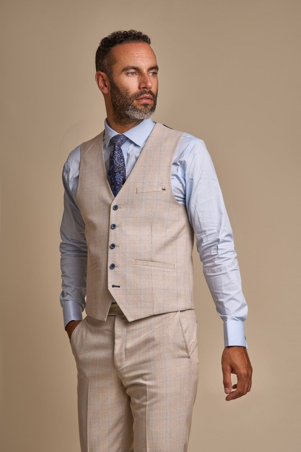 Men's Slim Fit Houndstooth Tweed Check Suit 3-Piece - CARIDI - Beige