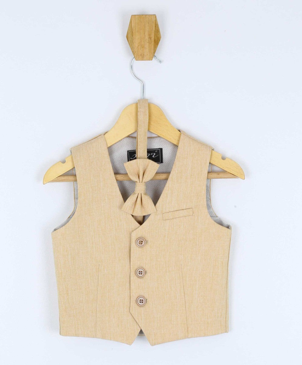 Baby Boys Cotton Linen Waistcoat Suit Set 3 Piece - Gold