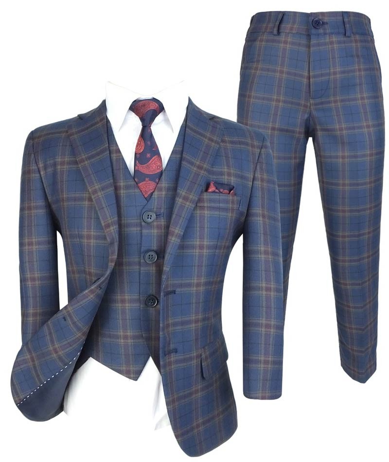 Boys Tailored Fit Retro Check Navy Suit - Navy Blue - Gold - Maroon