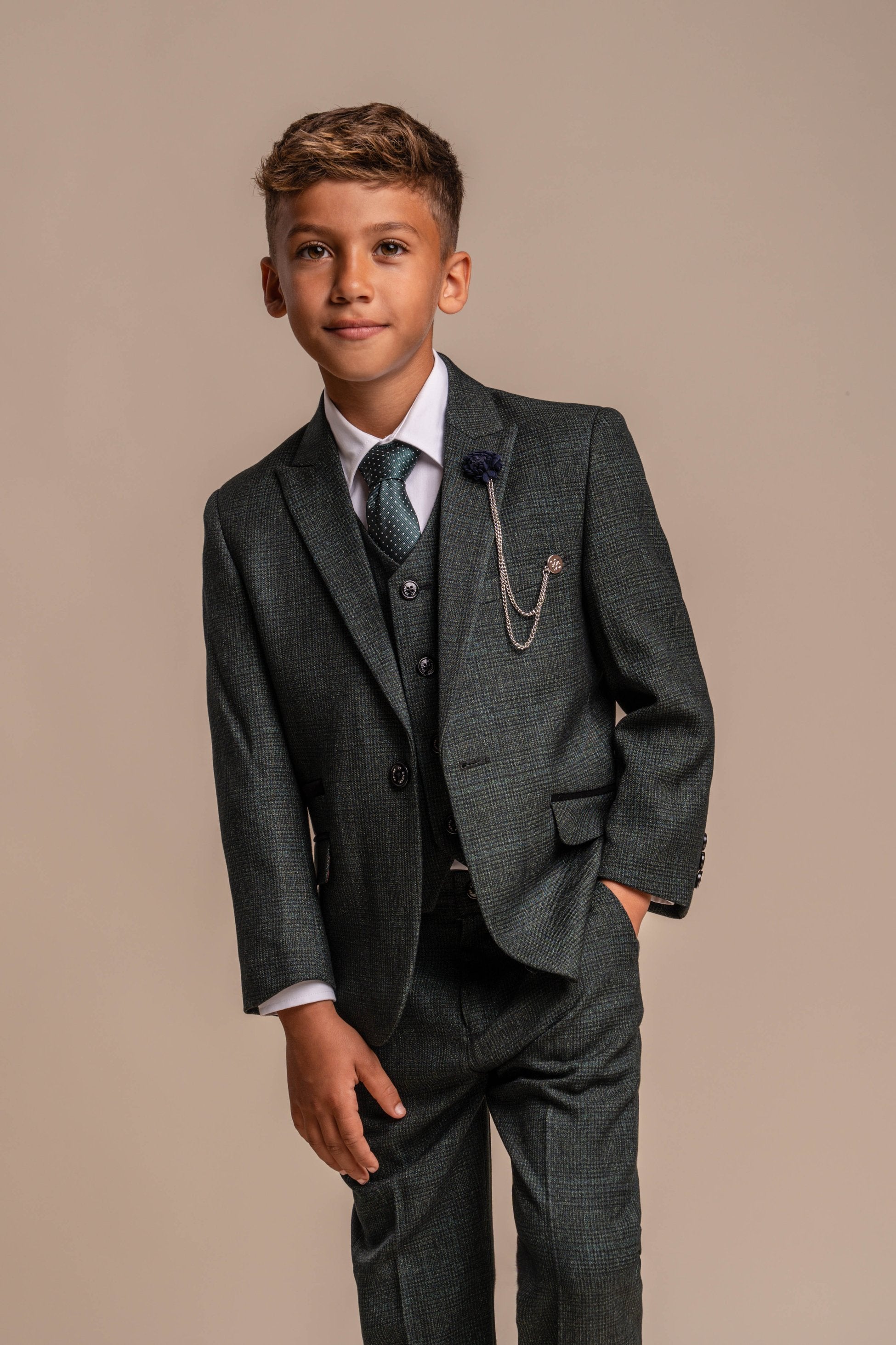 Boys Tweed Houndstooth Check Slim Fit Suit - CARIDI - Olive Green