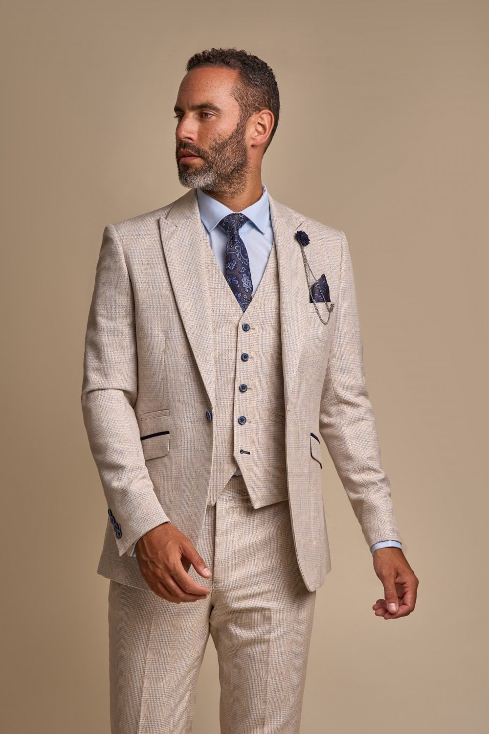 Men's Slim Fit Houndstooth Tweed Check Suit 3-Piece - CARIDI - Beige