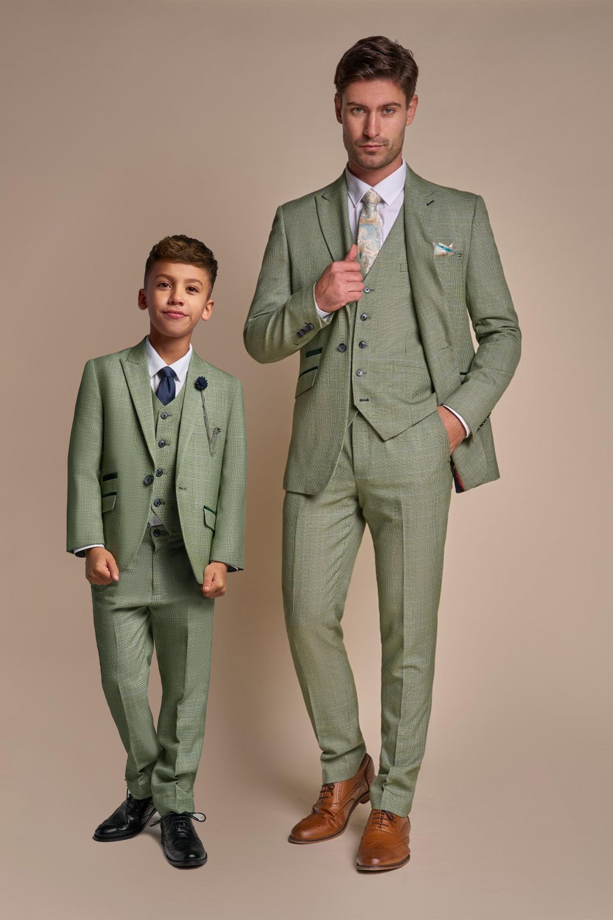 Men's Slim Fit Houndstooth Tweed Check Suit 3-Piece - CARIDI - Sage Green