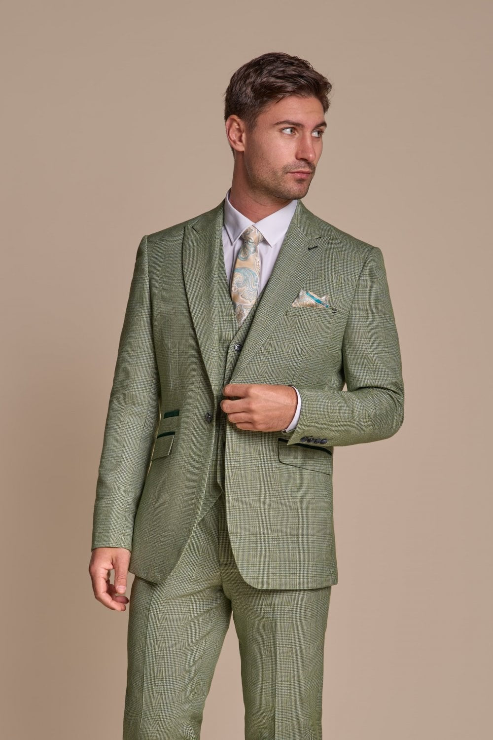 Men's Slim Fit Houndstooth Tweed Check Suit 3-Piece - CARIDI - Sage Green