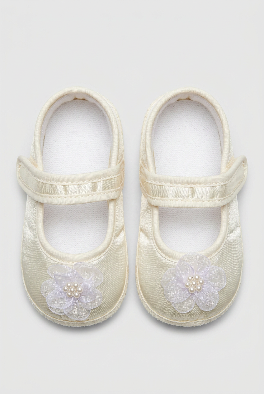 Baby Girls Satin Flower Pram Shoes - Ivory