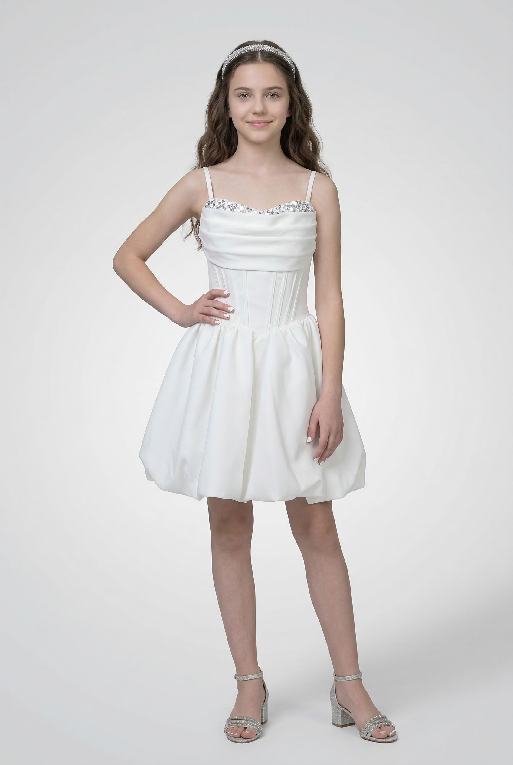 Girls Balloon Hem Party Dress with Crystal Trim - White