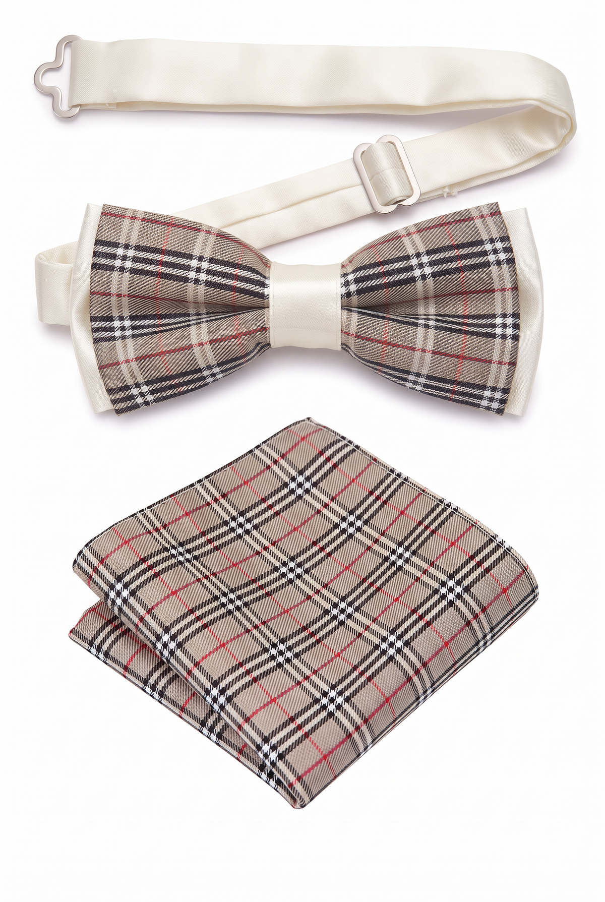Boys Adjustable Pre-Tied Checkered Bow Tie & Pocket Square Set - Beige and Black